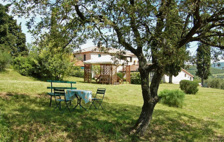 Garden with picnic table under the trees by the farmhouse