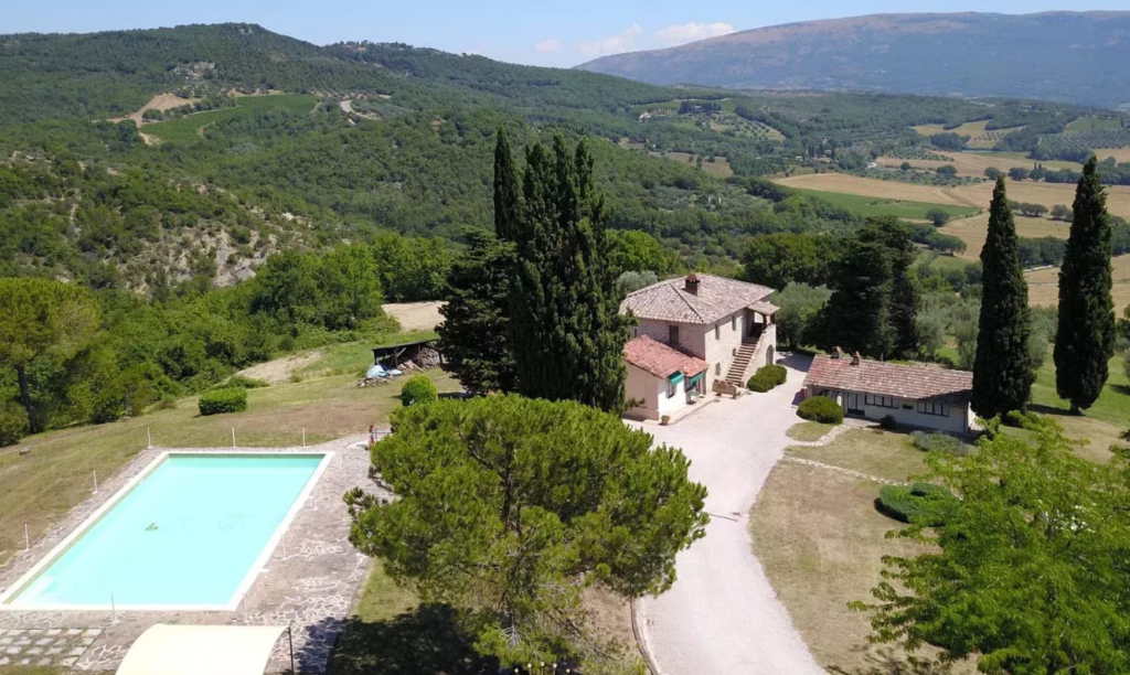 Aerial view of the swimming pool among the cypresses