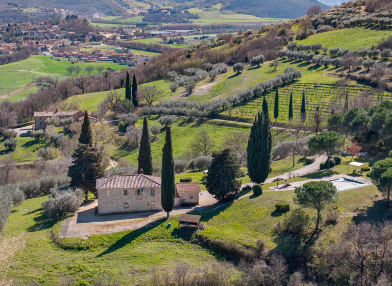 Aerial view of the Casa Tre Pettirossi estate with a cypress avenue