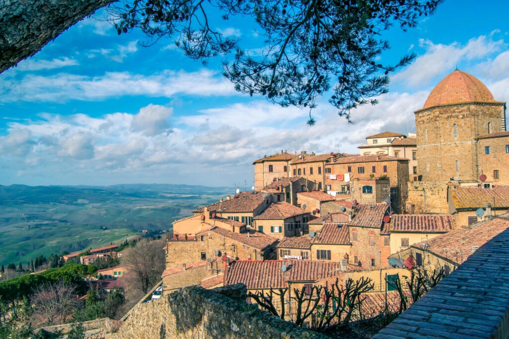 View of historic Volterra and the surrounding hills