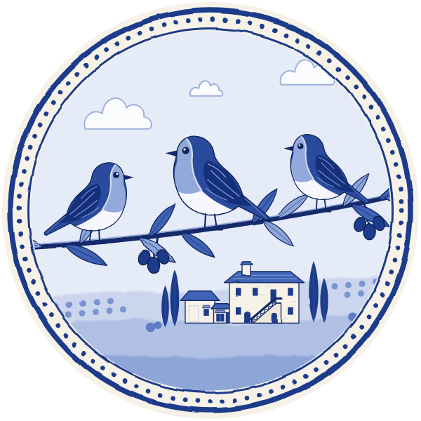Logo Casa Tre Pettirossi: embleem met drie roodborstjes op een olijftak boven het Noordgebouw
