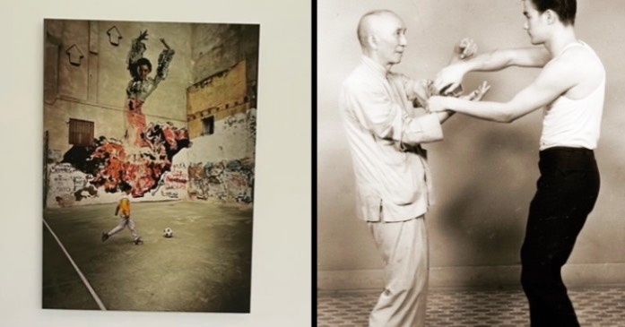 Foto van een muurschildering van een flamencodanseres naast een portret van Bruce Lee en zijn leermeester