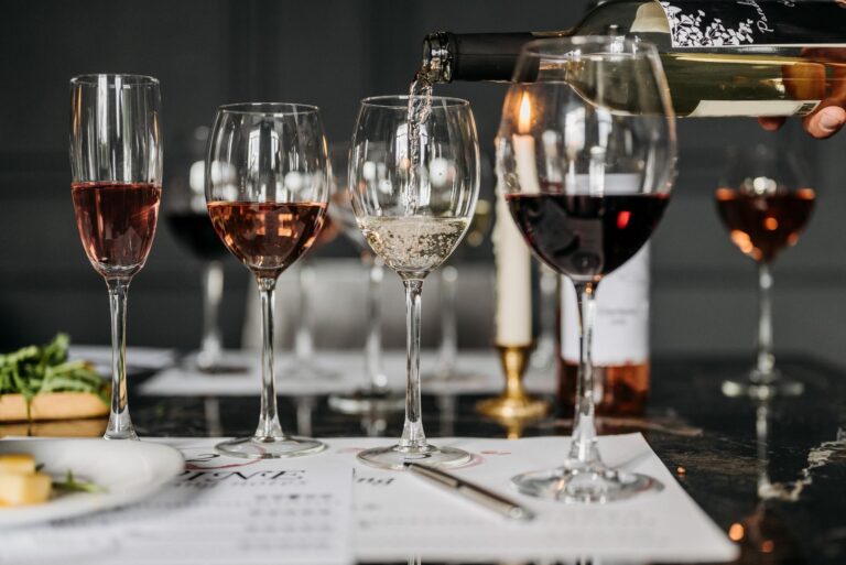 Wine tasting with glasses of red and white wine